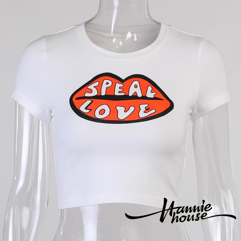 ❥Only➢Women White Letters and Lip Printed Pattern Round Collar T-shirt