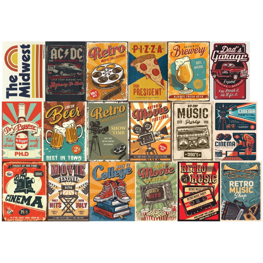 COMBO ~20 HÌNH Decal khổ lớn dán trang trí vintage, RETRO khổ lớn dán Decor phòng, tường .IN THEO YÊU CẦU