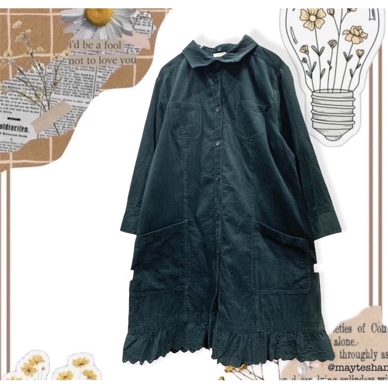 2hand Wind's Clothes 🌵Váy nhung Nhật màu xanh rêu dáng sơ mi dài phối ren