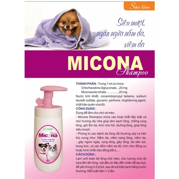 [Chăm Sóc Thú Cưng] Sữa Tắm Micona Shampoo 200ml - Sữa Tắm Trị nấm và viêm da Cho Chó Và Mèo - Chai Lớn Tiết Kiệm Hơn