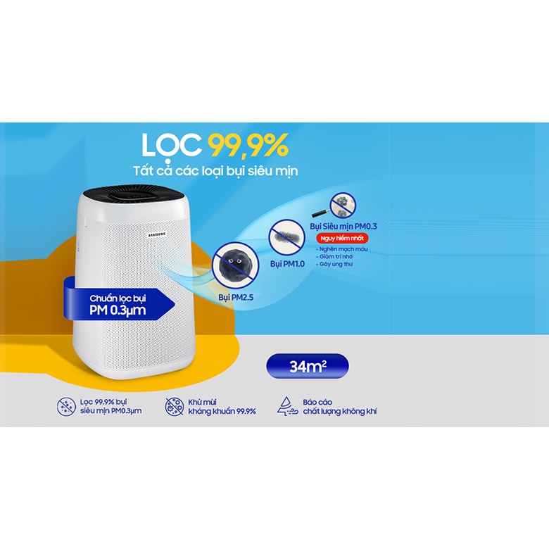 Nhập khẩu Thái Lan -Máy lọc không khí Samsung AX34R3020WW/SV lọc bụi mịn PM0.3, kháng khuẩn 99.9%-Hàng chính hãng