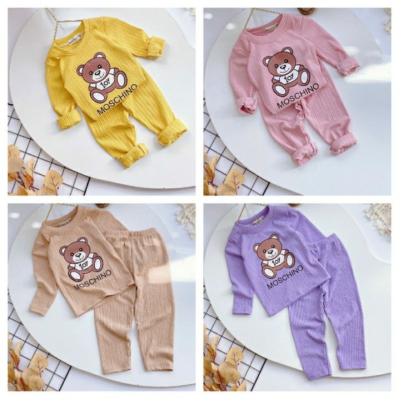 Bộ Len Dài Tay In Hình Gấu Nghộ Nghĩnh Cho Bé size 8-18 kg