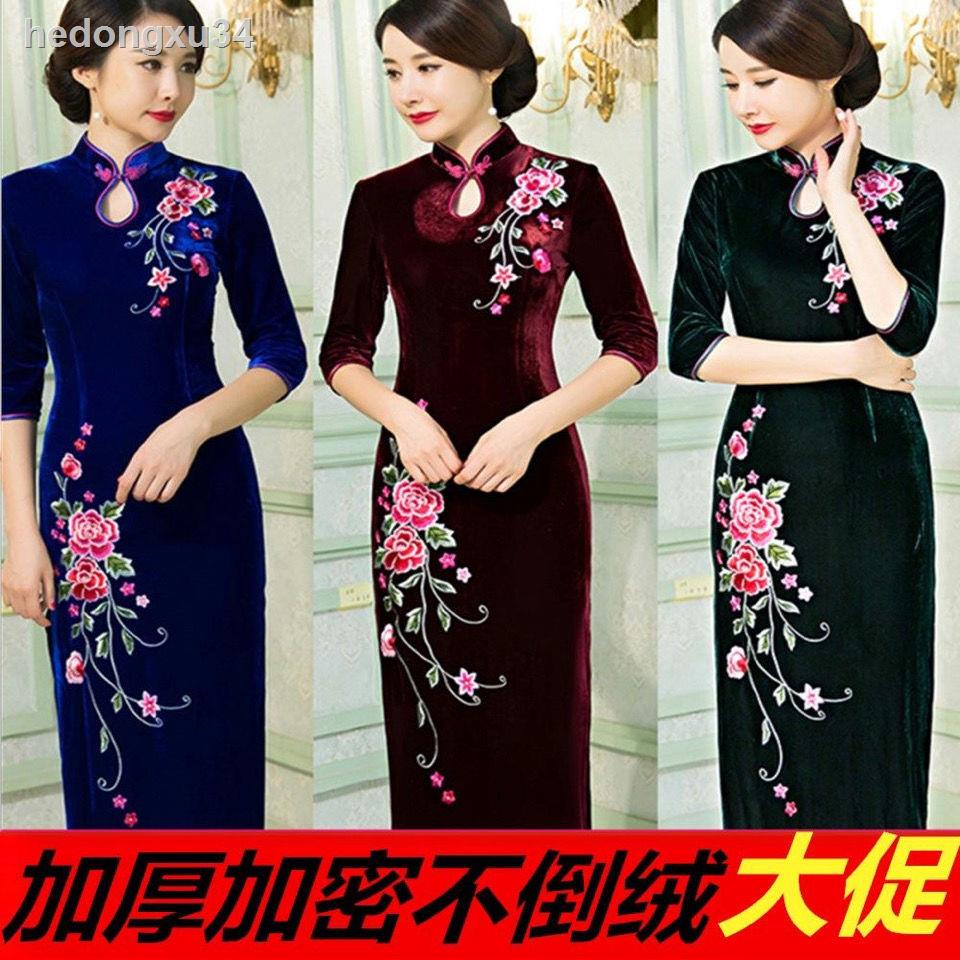 ☫Sườn Xám Nhung Dài Plus Size Thêu Họa Tiết Thời Trang Cho Phụ Nữ Trung Niên