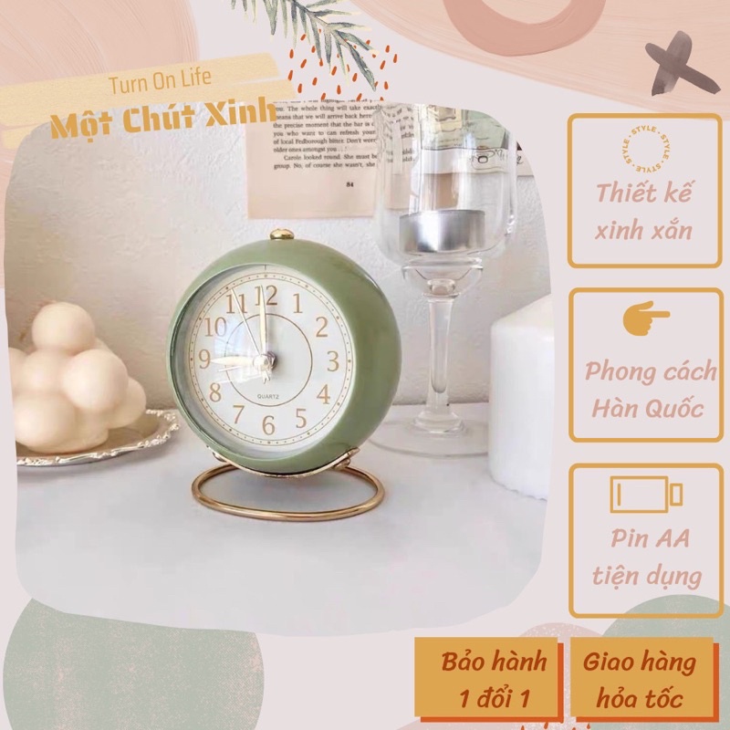 Đồng hồ báo thức màu sắc vintage, khung kim loại sang trọng (gửi kèm pin)