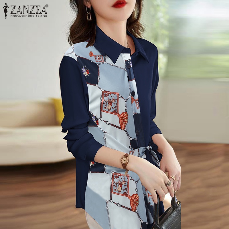 Áo sơ mi ZANZEA cổ bẻ thắt nơ tay dài in họa tiết hoa phối nút cài cho nữ