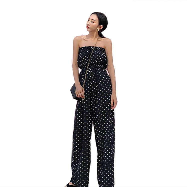 Jumpsuit Lưng Cao Ống Rộng Họa Tiết Chấm Bi Phong Cách Retro