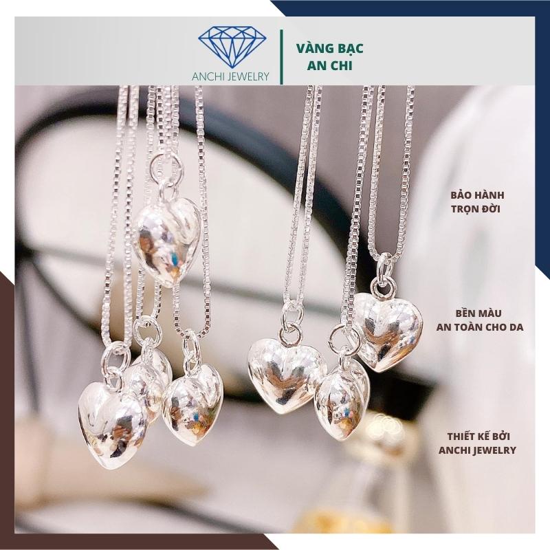 Bộ dây chuyền - lắc tay và bông tai mặt trái tim phồng, chuẩn bạc ta sáng đẹp - Anchi jewelry
