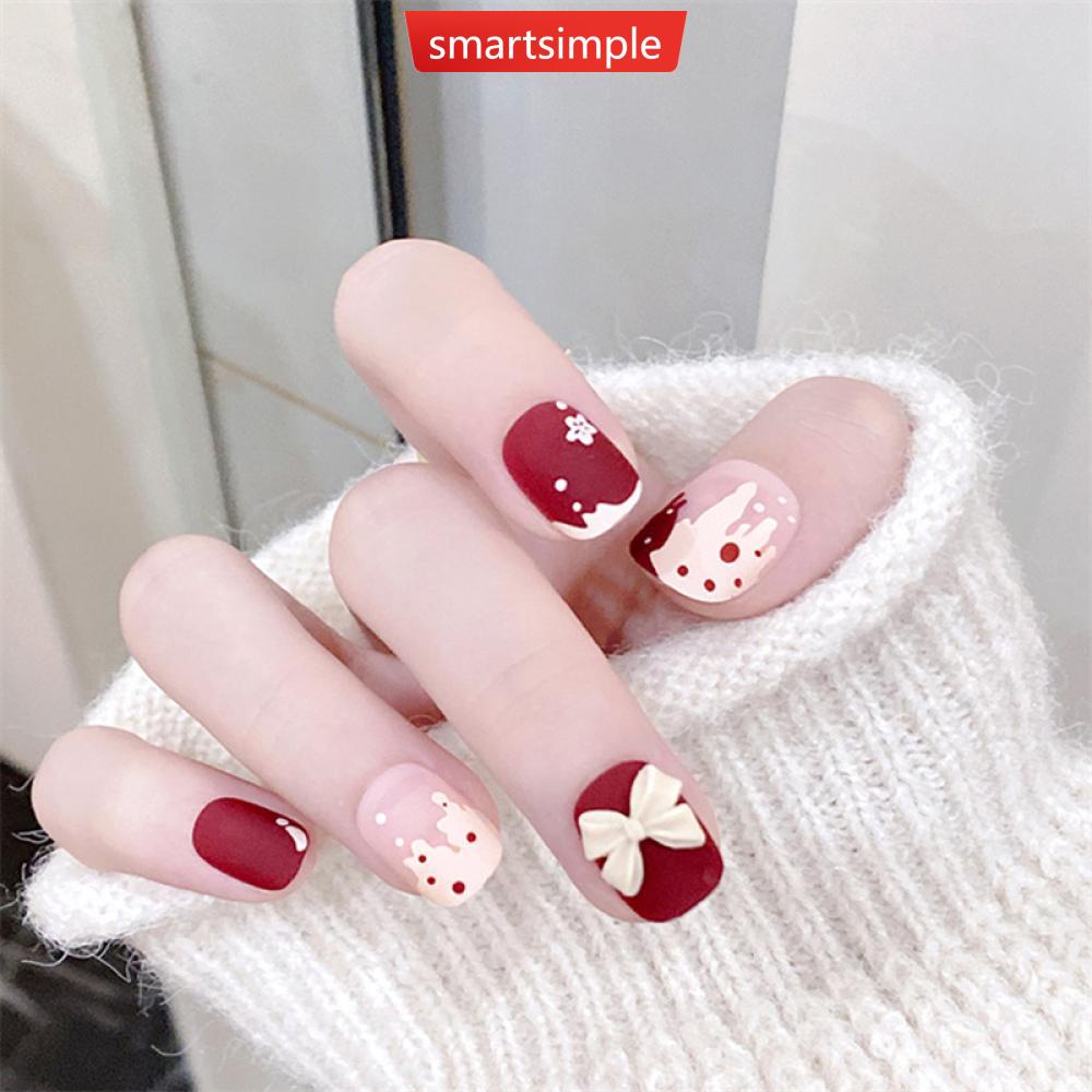 Bộ 24 Móng Tay Giả Ngắn Hình Nơ / Trái Tim B9N3 Dễ Tháo Rời