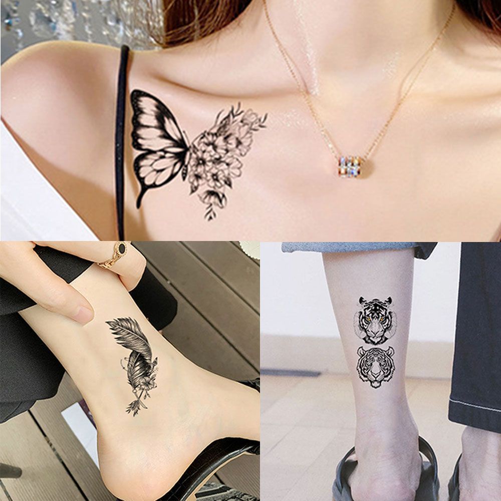 [Hàng mới về] Miếng dán hình xăm tạm thời họa tiết lông vũ /chú hổ / bươm bướm dễ thương chống nước