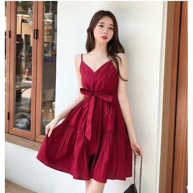 Đầm Xoè Nữ- Váy 2 Dây Nhún Tầng Cổ V  Eo Sexy Form Dài Cực Xinh