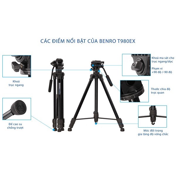 Chân Máy Ảnh Tripod Benro T980EX - Chính Hãng l Tặng kèm kẹp điện thoại