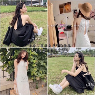 VÁY TRẮNG ĐEN MAXI CỔ YẾM HỞ LƯNG - Đầm Suông Hai Dây Khoét Lưng đi biển 2 màu - Váy Yếm