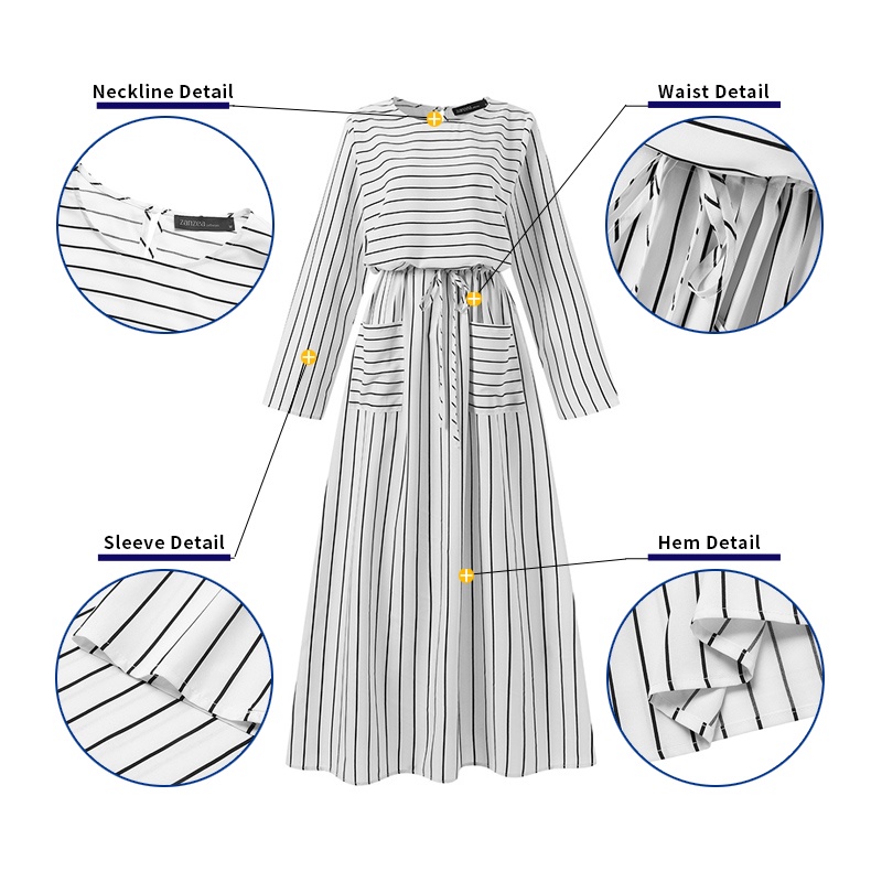 Zanzea Đầm Dài Họa Tiết Kẻ Sọc Có Túi Và Dây Rút Phong Cách Hồi Giáo Thời Trang Cho Nữ