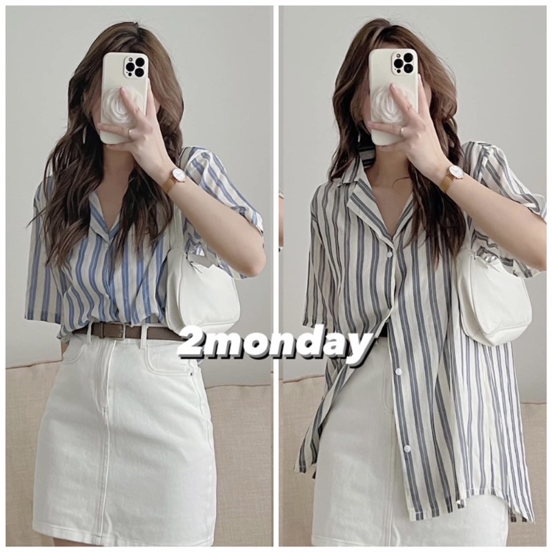 ÁO SƠ MI CỘC TAY CỔ VEST SỌC KẺ XANH DỄ PHỐI ĐỒ
