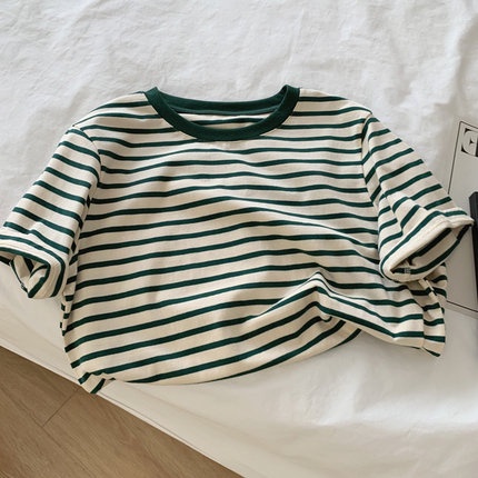 Áo Thun Cotton Ngắn Tay Họa Tiết Kẻ Sọc Thời Trang Mùa Hè Hàn Quốc Mới Cho Nữ