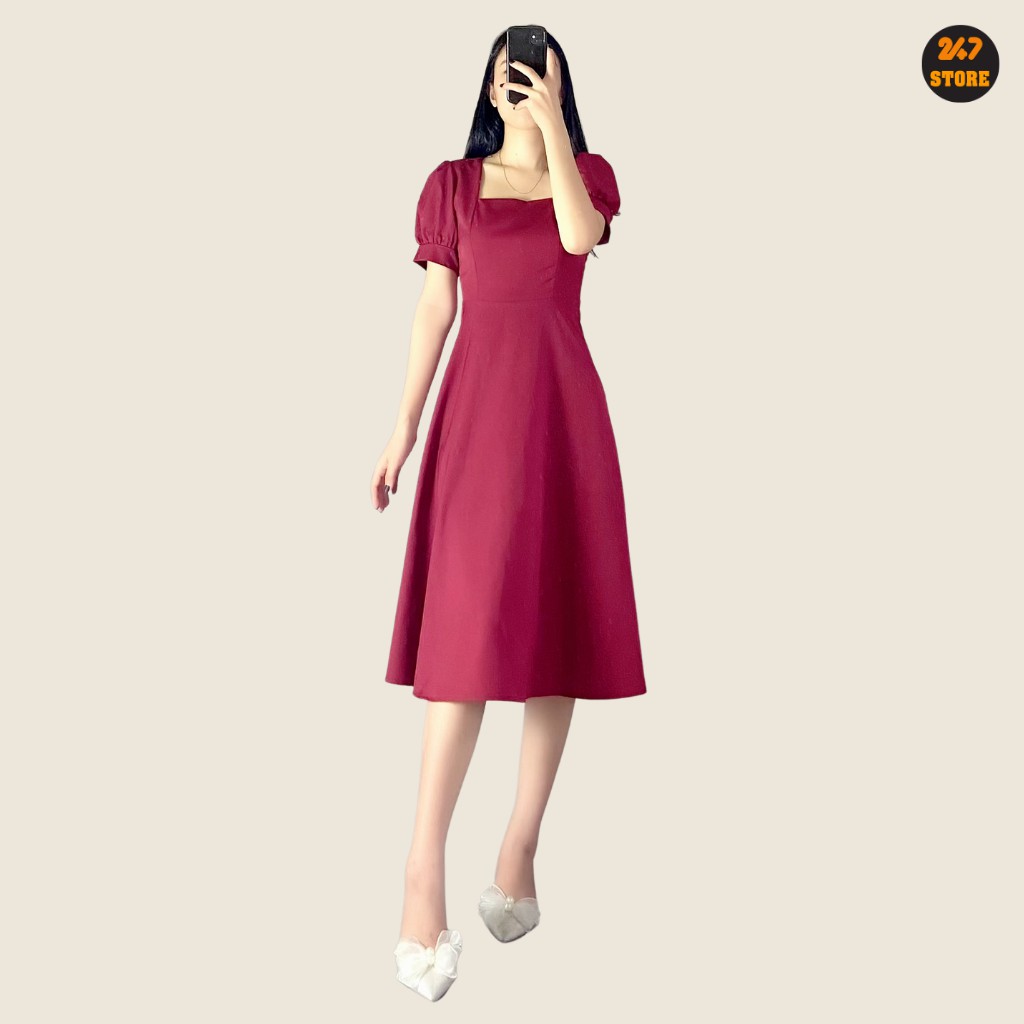 Váy Cổ Vuông Dáng Xòe Tay Bồng Cộc Tay 2 màu cực xinh 247store | BigBuy360 - bigbuy360.vn