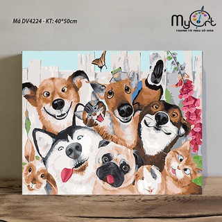 Tranh sơn dầu số hóa động vât chó mèo  Myart DV4224