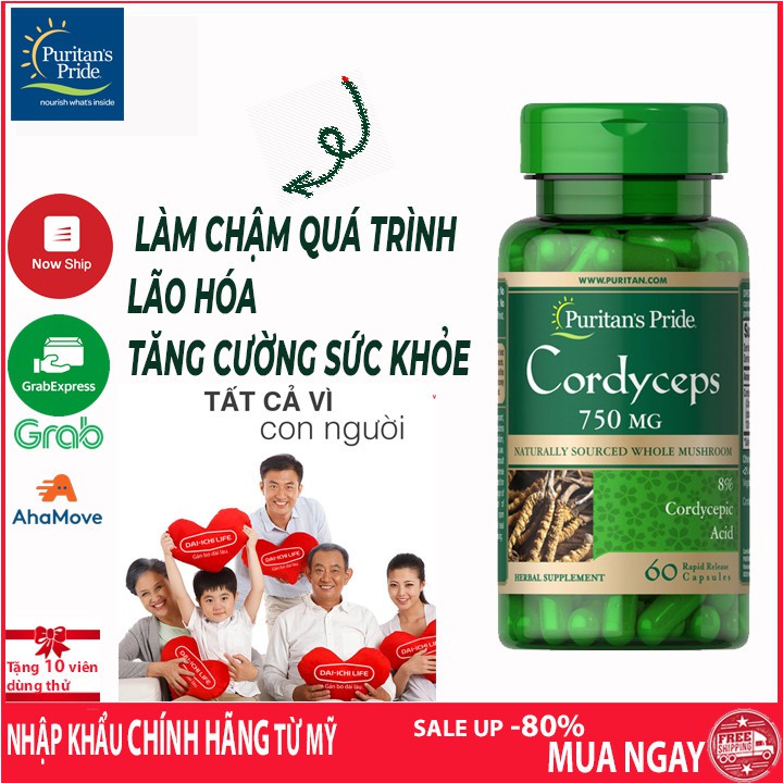 Đông trùng hạ thảo bổ thận tráng dương tăng cường sinh lực Puritan's Pride cordyceps mushroom 750mg 60v