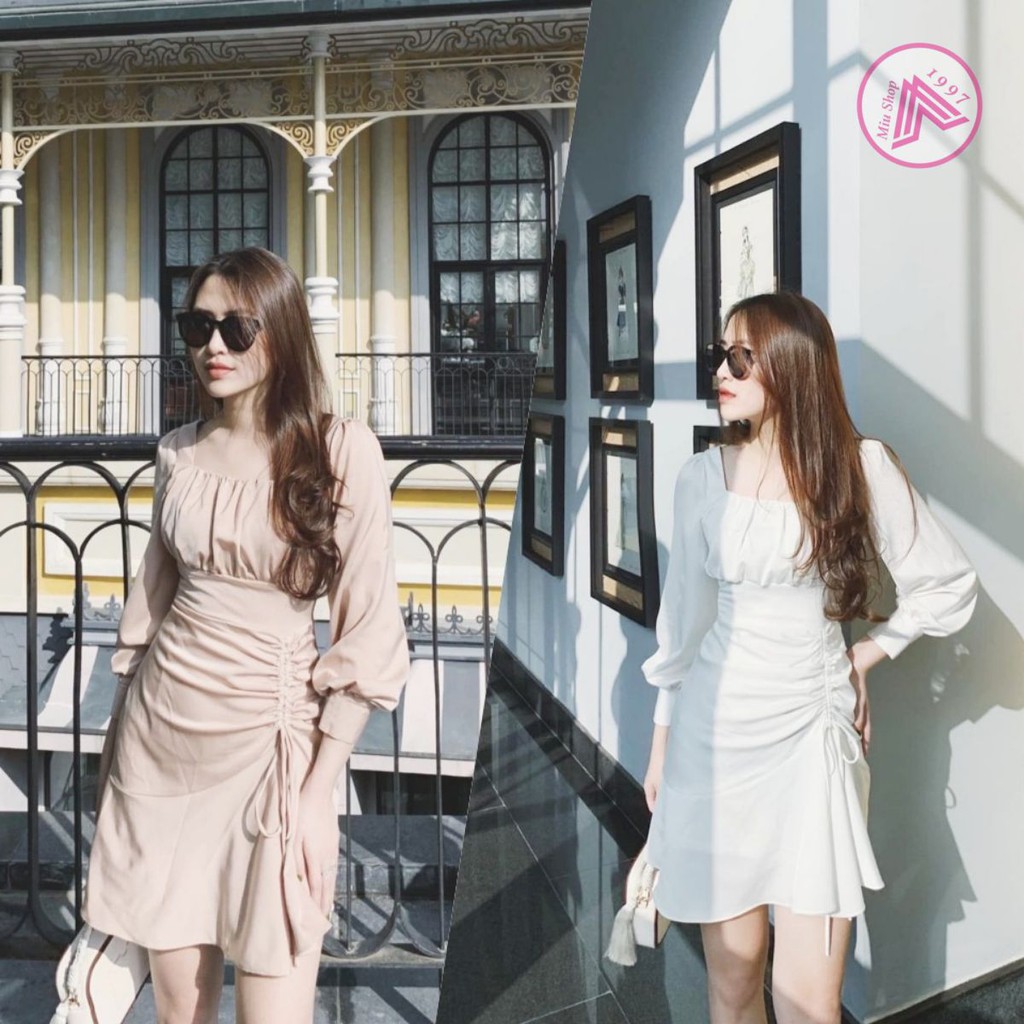 (HÌNH THẬT) Đầm Dây Rút Cổ Vuông Tay Dài Nút Bo Vải Lụa 2 lớp (TRẮNG+NUDE)