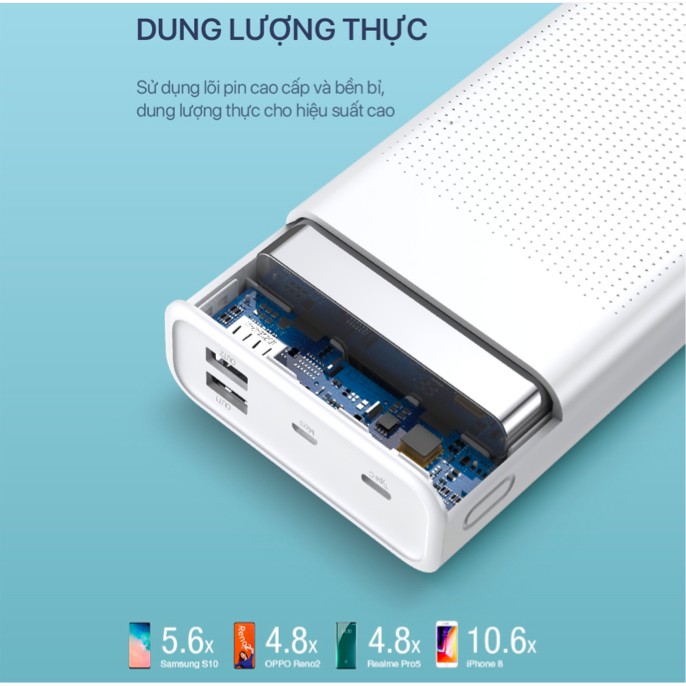 Pin Sạc Dự Phòng 30000mAh ROBOT RT30 - Sạc Nhanh PD/QC 3.0 - Công Suất 22.5W 5A - 2 Input &amp; 3 Output