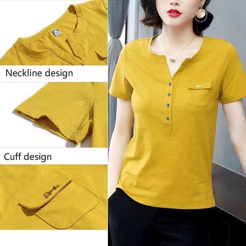 Áo thun cotton cổ chữ V dáng rộng phong cách Hàn Quốc thời trang nữ năng động