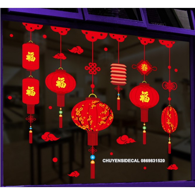 Decal trang trí Tết - Lồng đèn hoa sắc đỏ