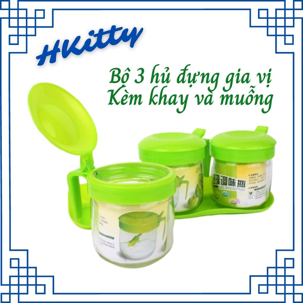 Bộ 3 Hủ Thủy Tinh Đựng Gia Vị Kèm Khay Và Muỗng