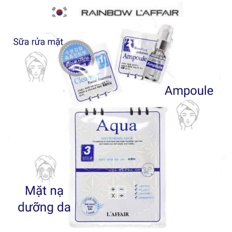 Combo sữa rửa mặt, ampoule, mặt nạ Rainbow L'affair dưỡng cho da khô Aqua 28ml