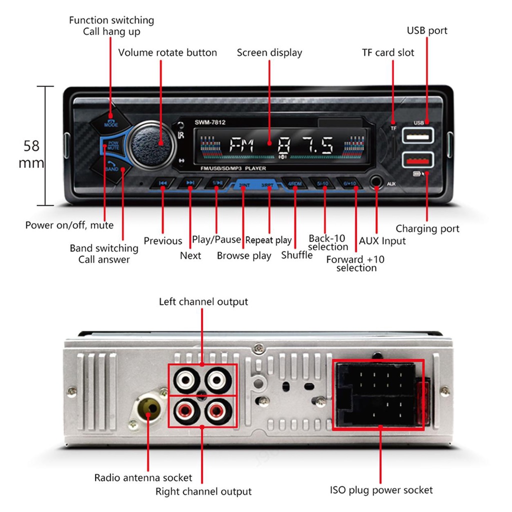 Máy Nghe Nhạc Mp3 Bluetooth 60w Usb / Sd Điều Khiển Bằng Giọng Nói 4 Chiều Rca Cho Xe Hơi