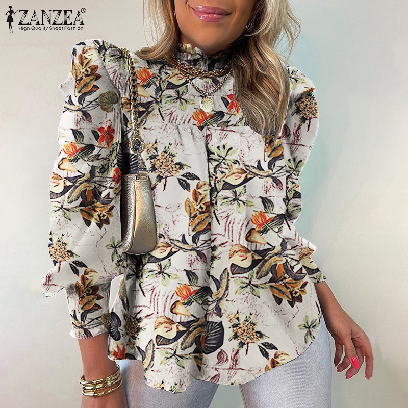 ZANZEA Áo Kiểu Tay Phồng Dài Cổ Đứng In Họa Tiết Thời Trang Cho Nữ