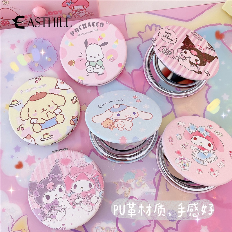 Gương Trang Điểm Hai Mặt Bằng PU Hình Tròn Họa Tiết Mèo Hoạt Hình Dễ Thương