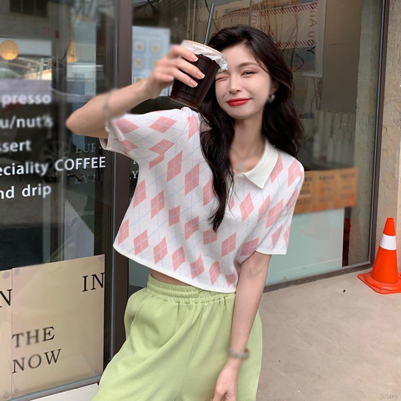 Áo Croptop Dệt Kim Tay Ngắn Kẻ Sọc Ca Rô Kiểu Hàn Quốc Dễ Thương Cho Nữ | BigBuy360 - bigbuy360.vn