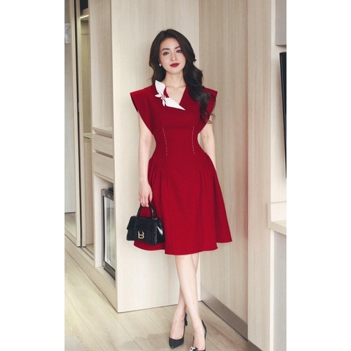 váy eo li sườn dáng xoè nơ lệch cao cấp