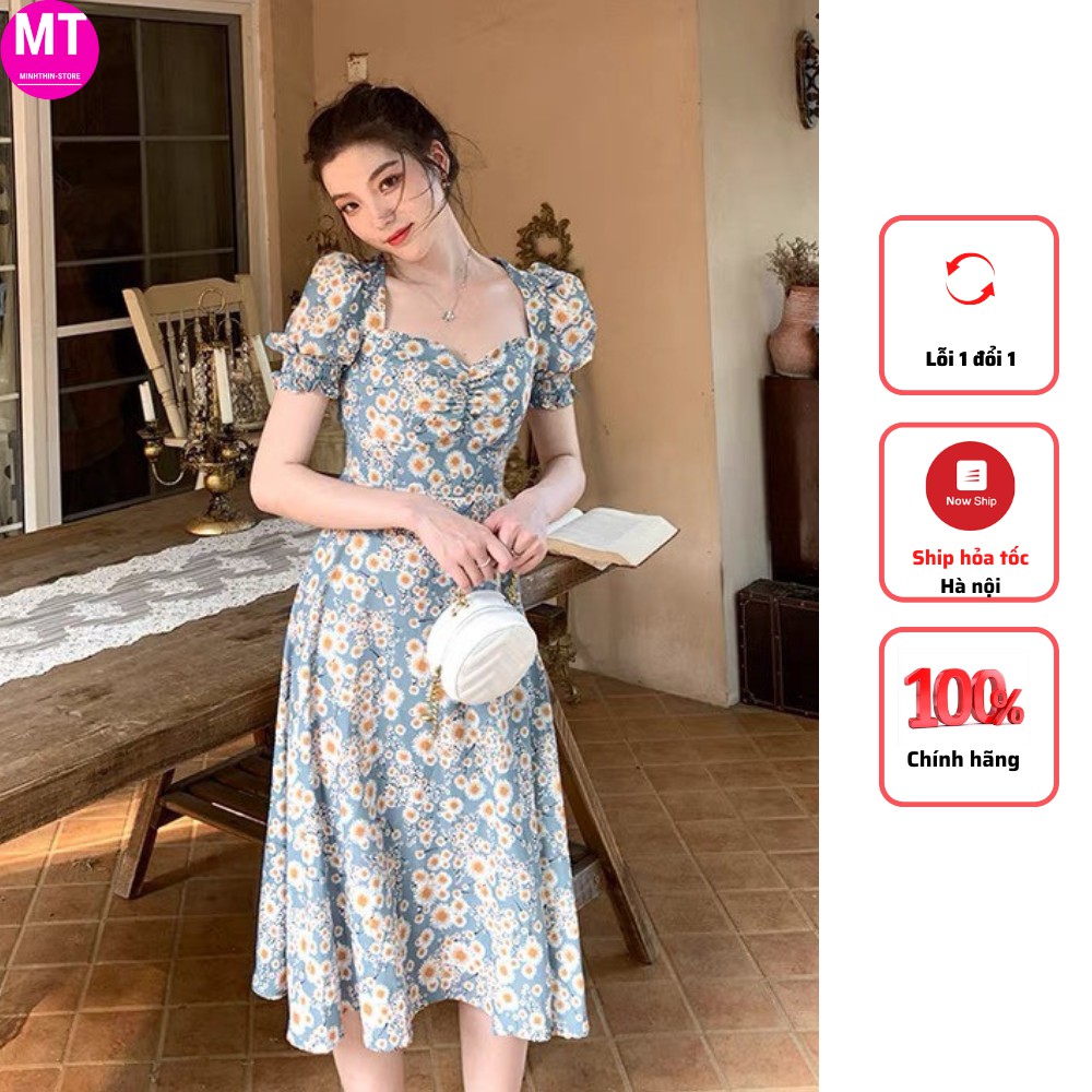 Váy hoa cúc cổ vuông dáng xòe xẻ đùi D07