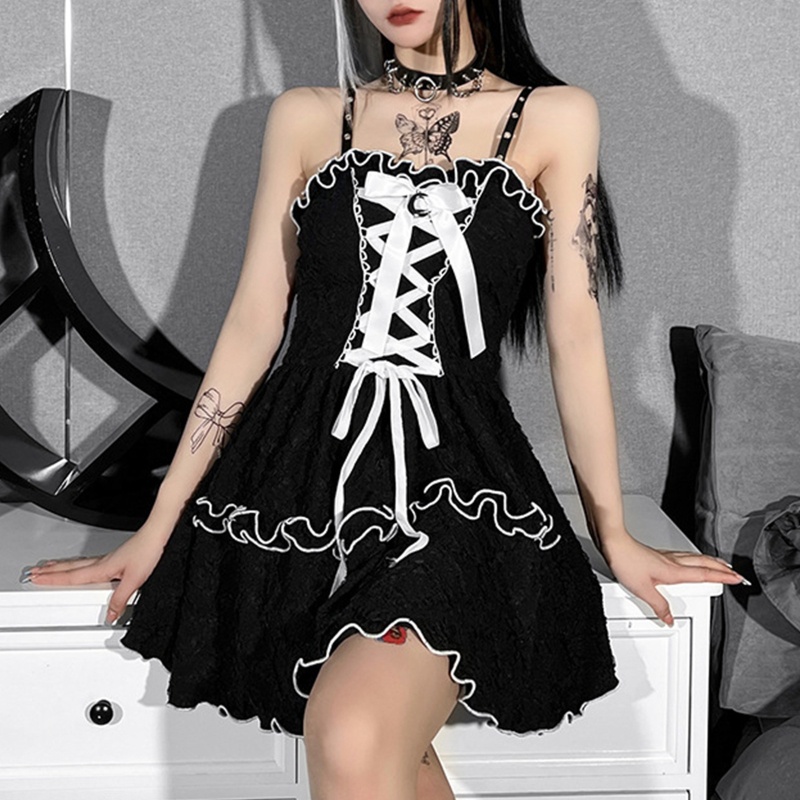 Brroa Đầm Hai Dây Dáng Chữ A Mini Phối Bèo Và Dây Cột Trước Phong Cách Gothic Harajuku Lolita Cho Nữ Cl