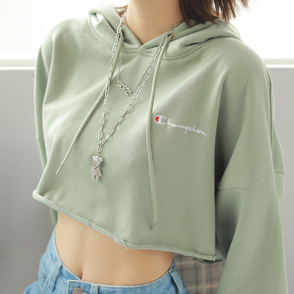 Áo Croptop Hoodie Nữ Thêu Chữ Champion Form Đẹp-Đường Thêu Tỉ Mỉ-Vải Nỉ Da Cá Thoải Mái-Màu Xanh Mint Nhạt Dễ Phối Đồ