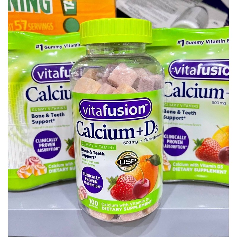 🍉🍇 Kẹo Dẻo Bổ Sung Canxi Vitafusion Calcium + D3 500mg 100 Viên Của Mỹ 🇺🇸🇺🇸