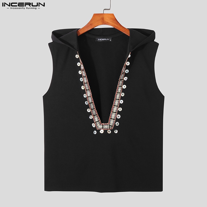 INCERUN Áo Hoodie Cổ Chữ V Dáng Rộng Phong Cách Retro Thời Trang Mùa Hè Giản Dị Dành Cho Nam