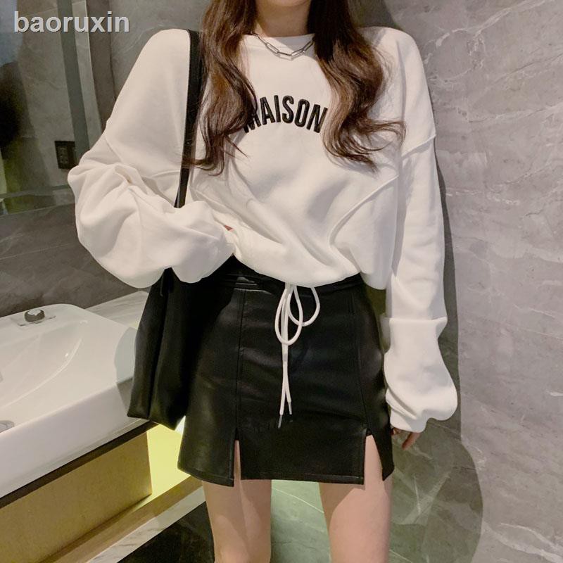 Bộ Áo Hoodie Thêu Chữ + Chân Váy Da Pu Xẻ Tà Thời Trang Mùa Xuân Cá Tính