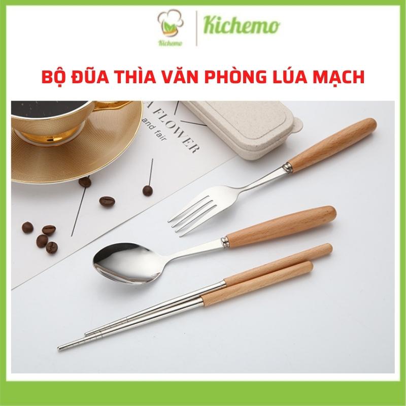 Bộ thìa đũa văn phòng Set thìa dĩa cá nhân inox kết hợp gỗ sồi kèm hộp đựng