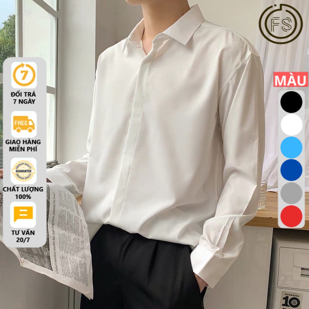 ✟☋Áo sơ mi nam nữ dài tay unisex công sở form rộng basic trơn kiểu Hàn Quốc OFS vải lụa mềm mại