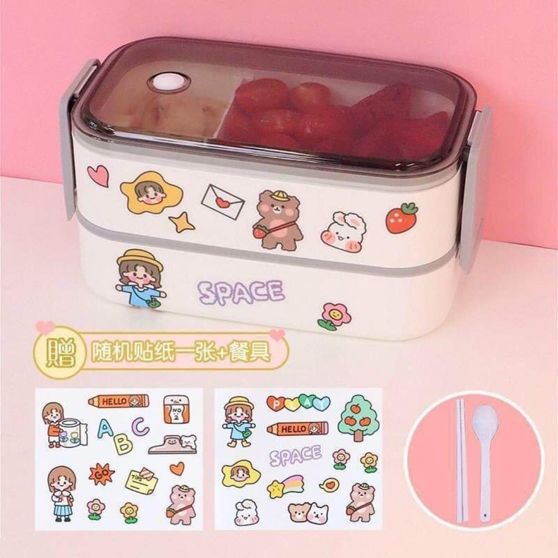 Hộp cơm văn phòng 2 tầng giữ nhiệt tặng kèm sticker siêu cute 💕🍱