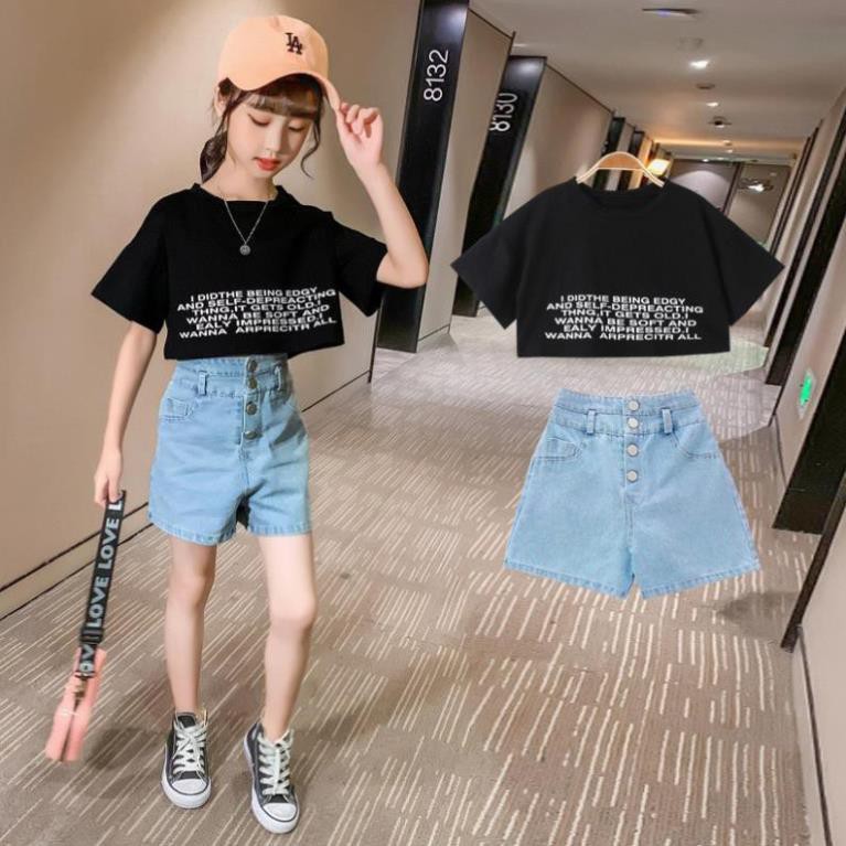 IBV58 Size110-160 (12-45kg) set áo croptop+quần jean lưng cao bé gái Freeship Hàng Quảng Châu Thời trang trẻ em