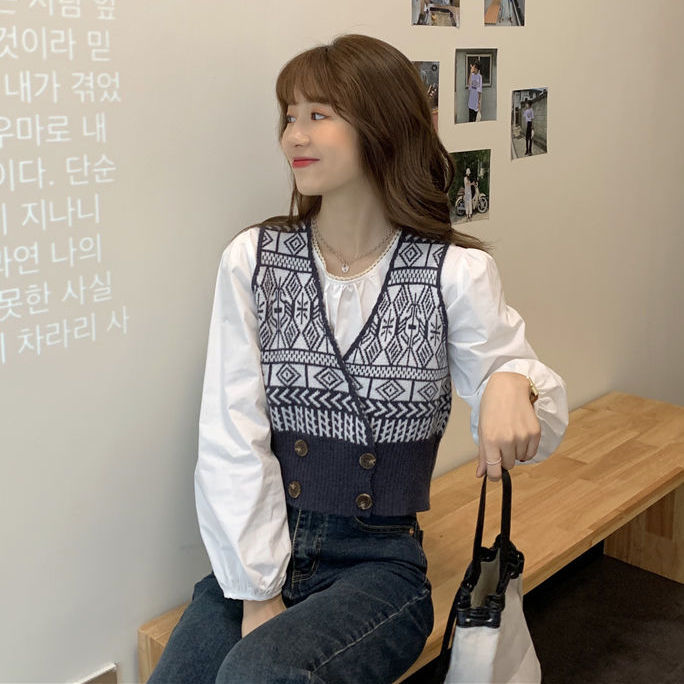 Áo gile sweater dệt kim ôm eo cổ chữ V xinh xắn cho nữ