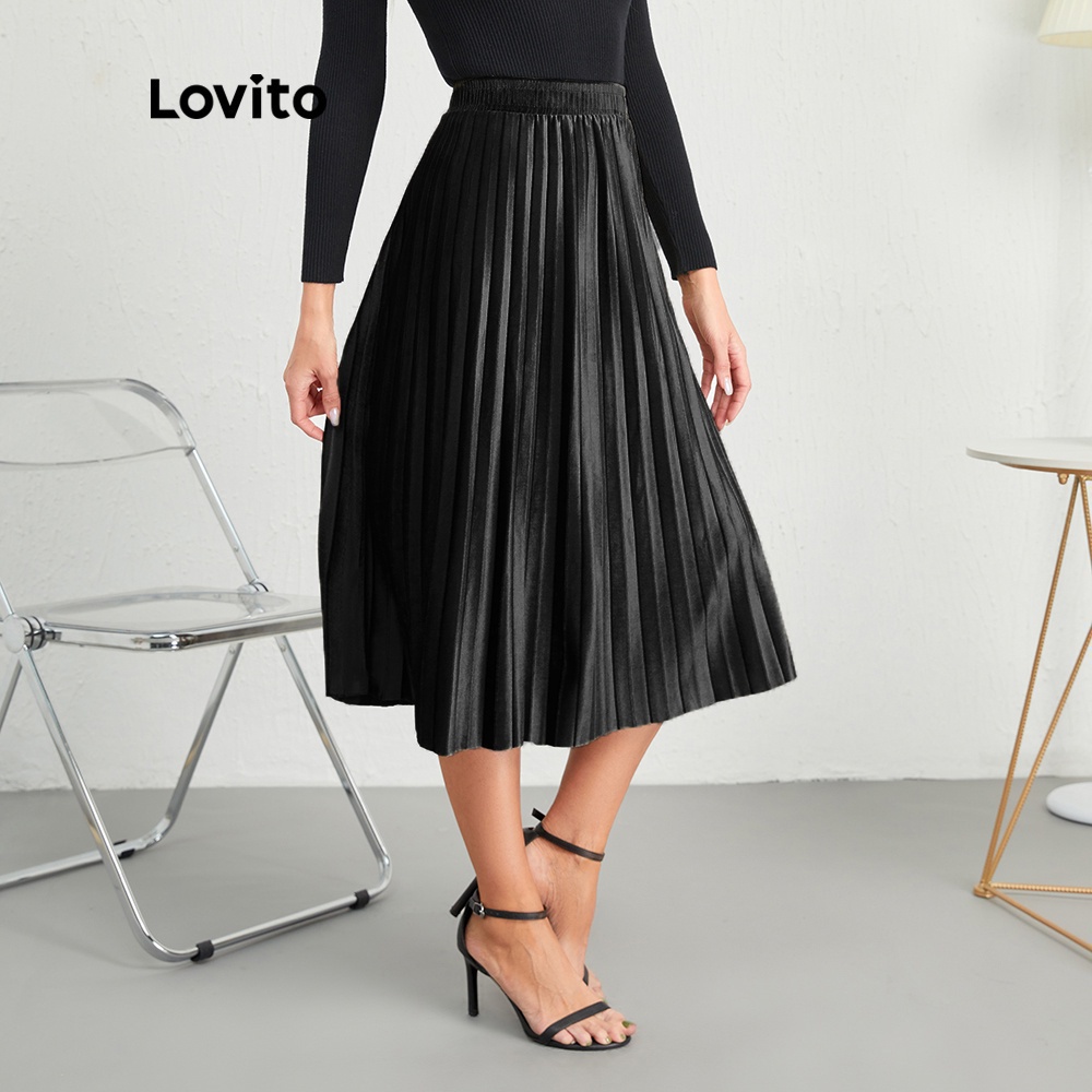 Chân váy Lovito màu trơn kiểu xếp ly duyên dáng cơ bản mặc hàng ngày L10084 (đen/xanh lá đậm)