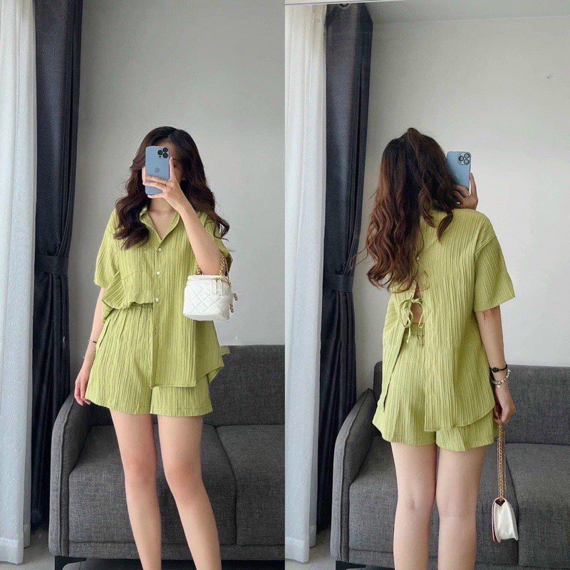 Bộ Áo Sơ Mi Dây Buộc Lưng Quần Short xanh bơ cốm trắng SQ029 Set Quần Đùi Áo Somi Cộc Tay Dáng Thụng Vải Đũi Gân 2 Màu
