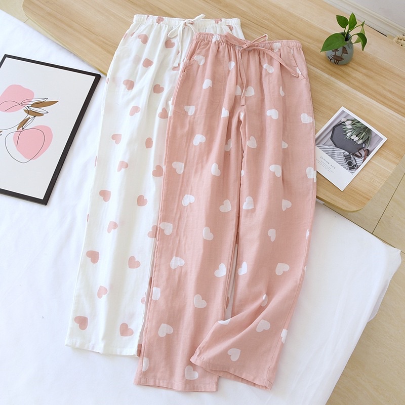 Quần ngủ pijama quần dài mặc nhà trái tim chất đẹp hè thu đông Hàn Quốc ullzang