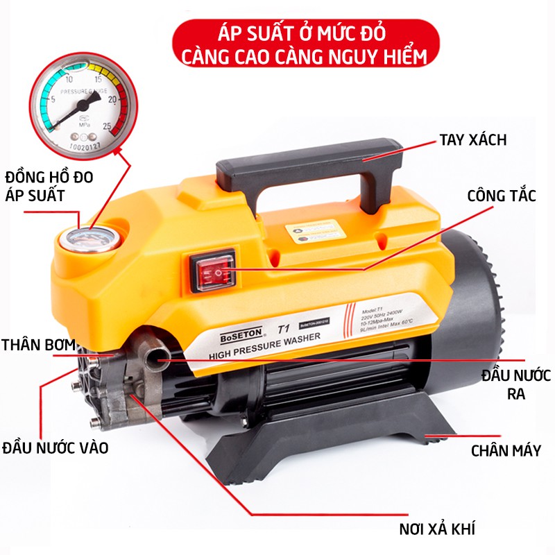 Máy rửa xe gia đình, may rua xe công suất mạnh 2400W BoSETON C0010T1, lõi đồng nguyên chất 100% ống bơm nước 15m