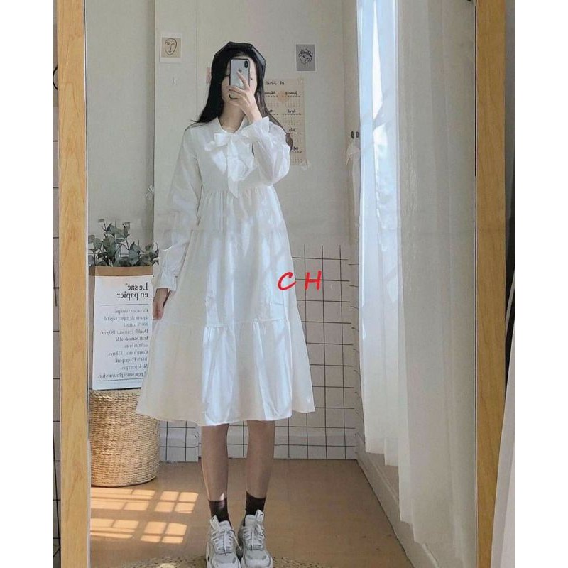 [MÃ BILSOP17 GIẢM 45% ĐƠN 99K] váy trắng 3 tầng buộc nơ chất lụa mềm có lót trong hàng may kĩ chuẩn ảnh freesize