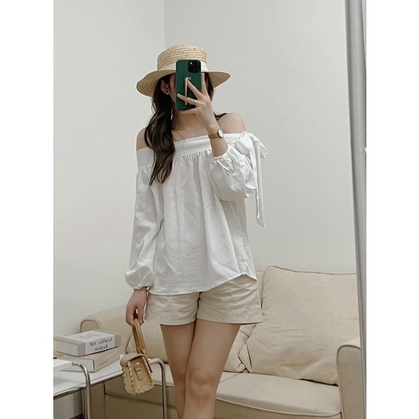 Áo sơ mi trễ vai dài tay buộc nơ chất đũi xước màu trắng, be, đen xinh xắn ulzzang hàn quốc M33